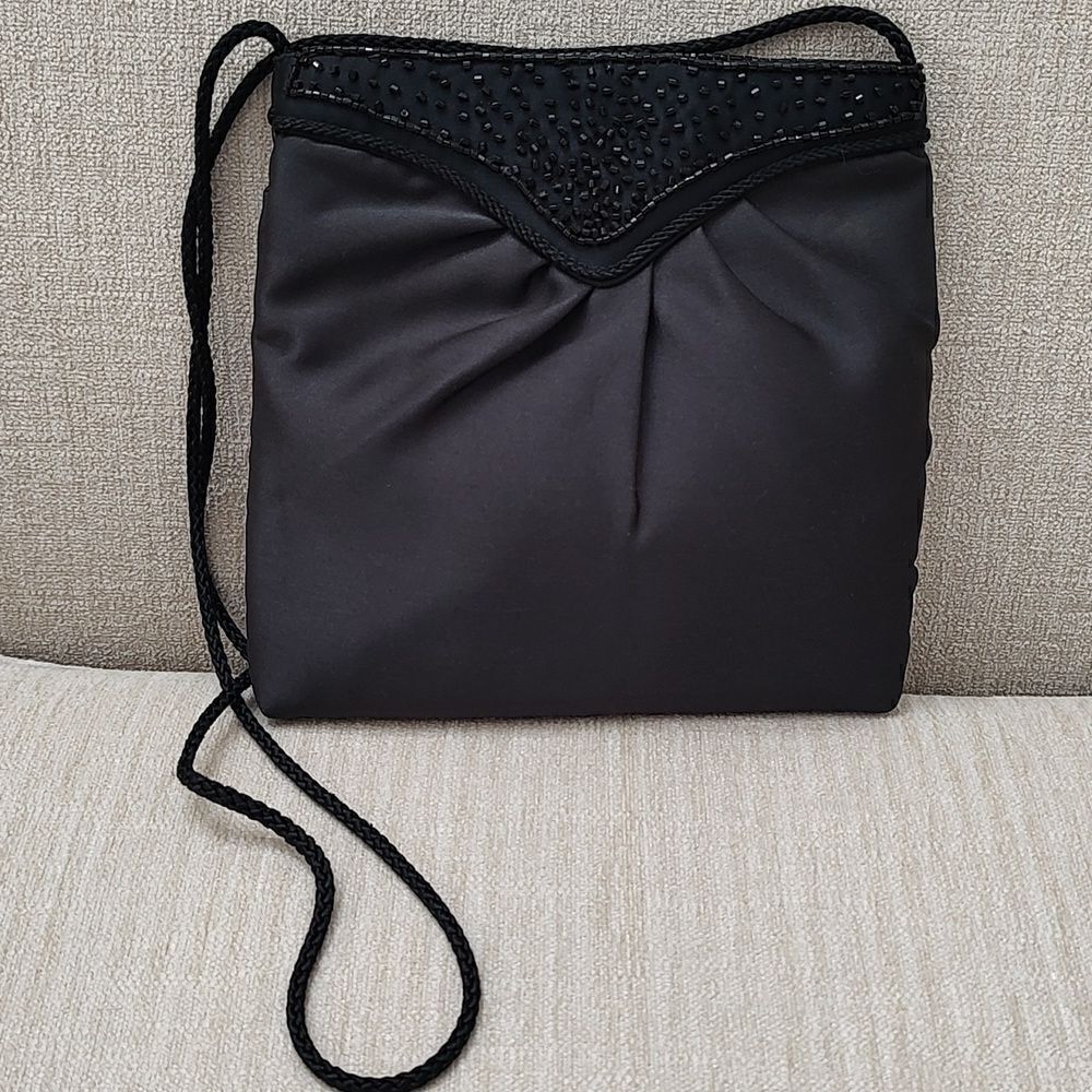 Black Satin Pleated Evening Shoulder Bag with Bead Detail